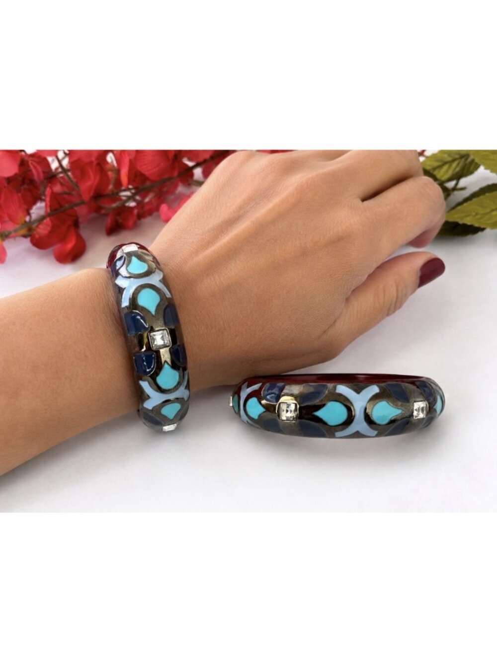 Blue Pewter CZ Enamel Cloisonne Bangle Bracelet 3/4" Colorful Hinged NEW